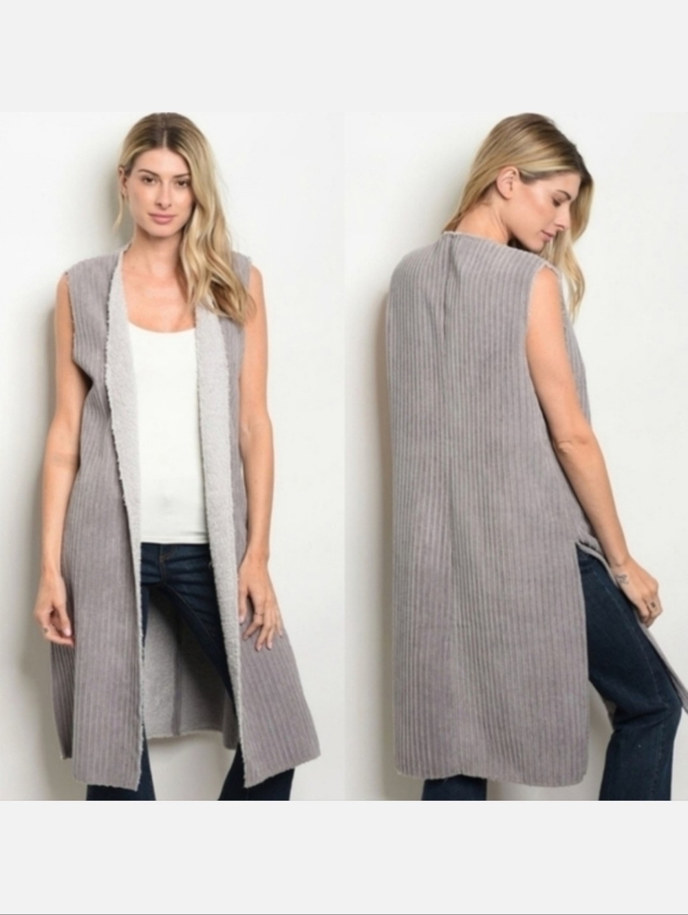 Favlux Fashion Jacket Women's Gray Corduroy Faux Fur Long Vest Sz S